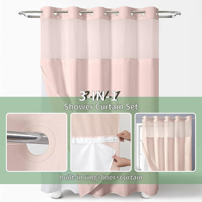 eachope Blush No Hook Shower Curtain with Snap-in Fabric Liner Set,Slub Textured Fabric Shower Curtains for Bathroom,Hotel Style Modern Shower Curtain,Water Repellent & Washable,71x74(72)