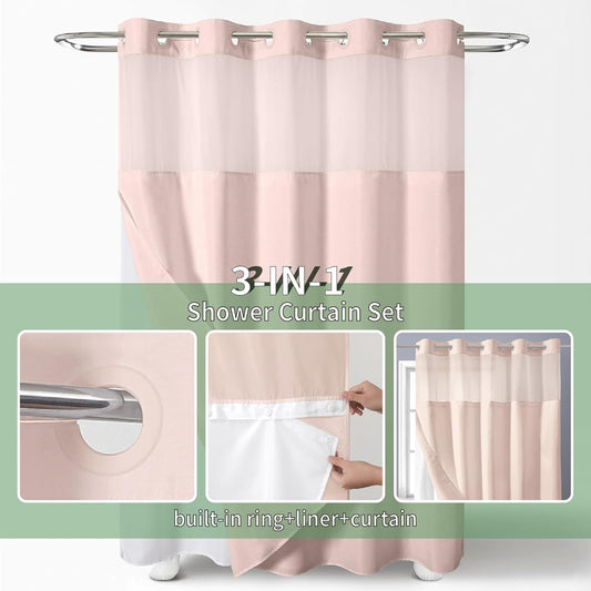 eachope Blush No Hook Shower Curtain with Snap-in Fabric Liner Set,Slub Textured Fabric Shower Curtains for Bathroom,Hotel Style Modern Shower Curtain,Water Repellent & Washable,71x74(72)