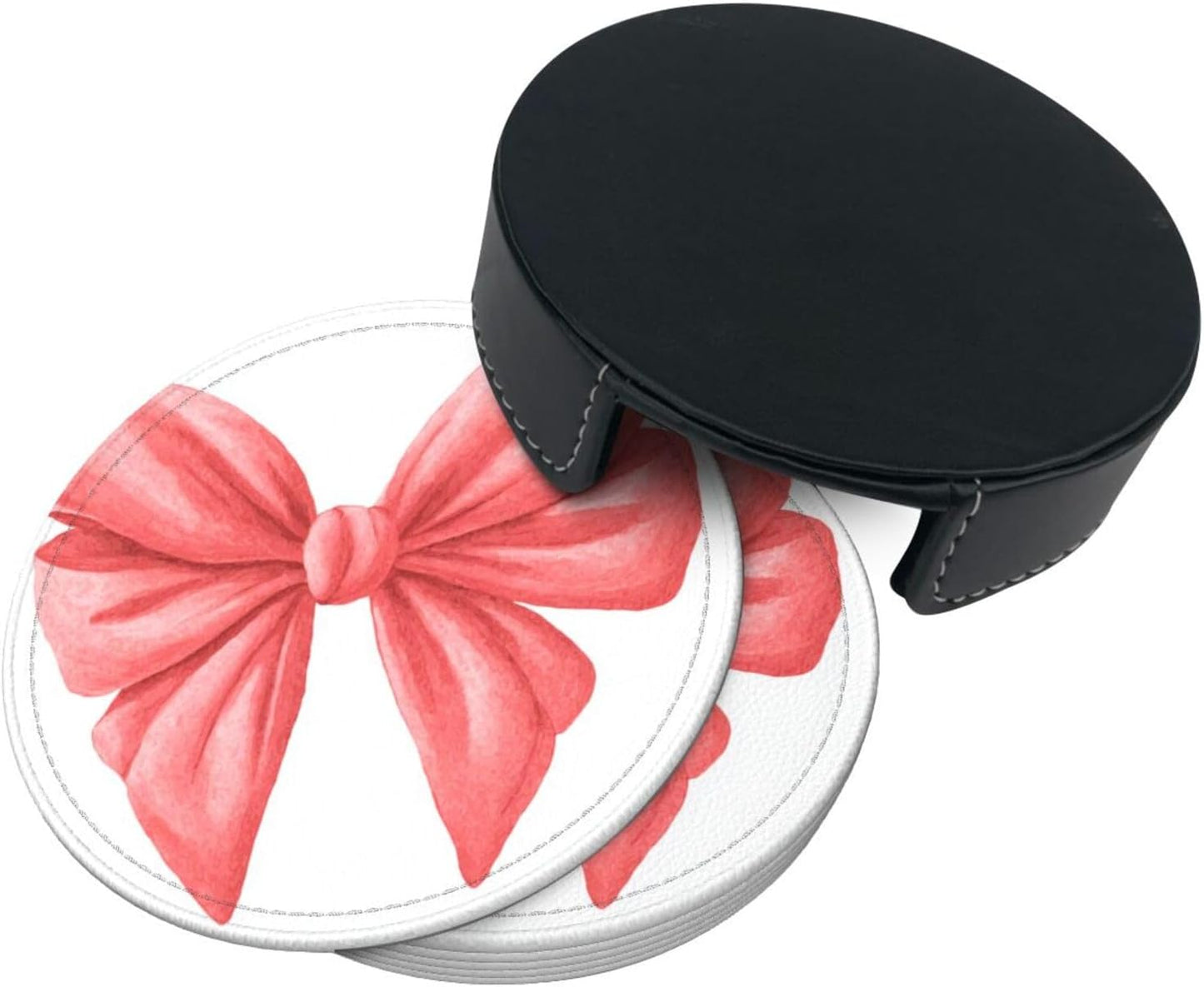 Watercolor Cute Bow Light Red and Pink Premium Leather Coasters, Set of 6 with Holder, Stylish Beverage Coasters for Kitchen Coffee Bar