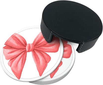 Watercolor Cute Bow Light Red and Pink Premium Leather Coasters, Set of 6 with Holder, Stylish Beverage Coasters for Kitchen Coffee Bar