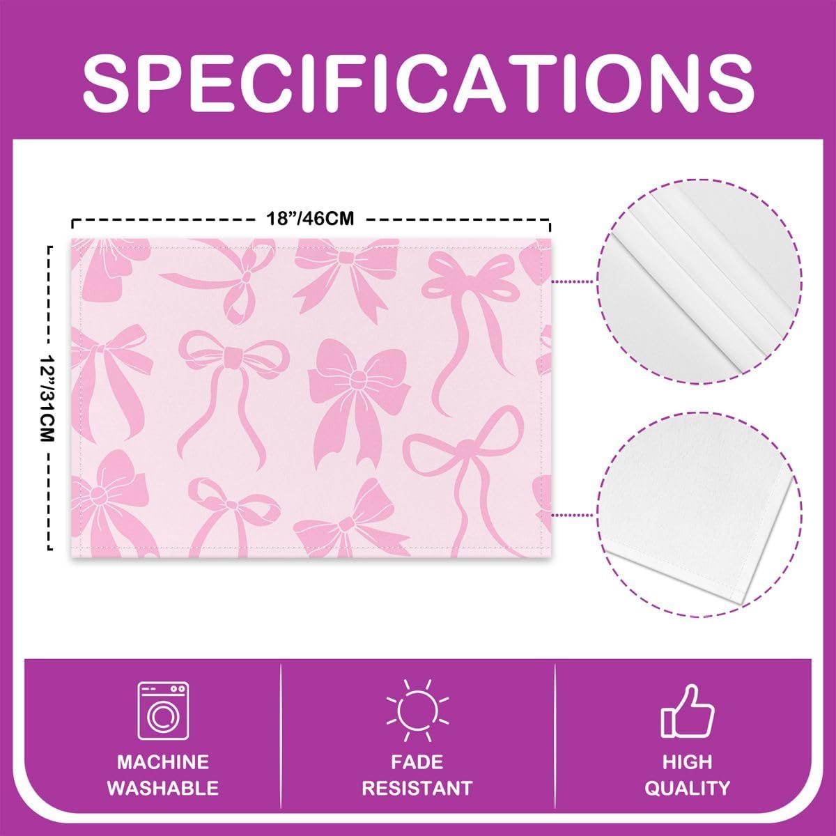 Feelyou Bow Placemats Set of 4 Cute Bowknot Table Mats Pink Peach Place Mat for Kitchen Dining Table Party Decor Indoor Outdoor 18"x12" Non-Slip Easy to Clean