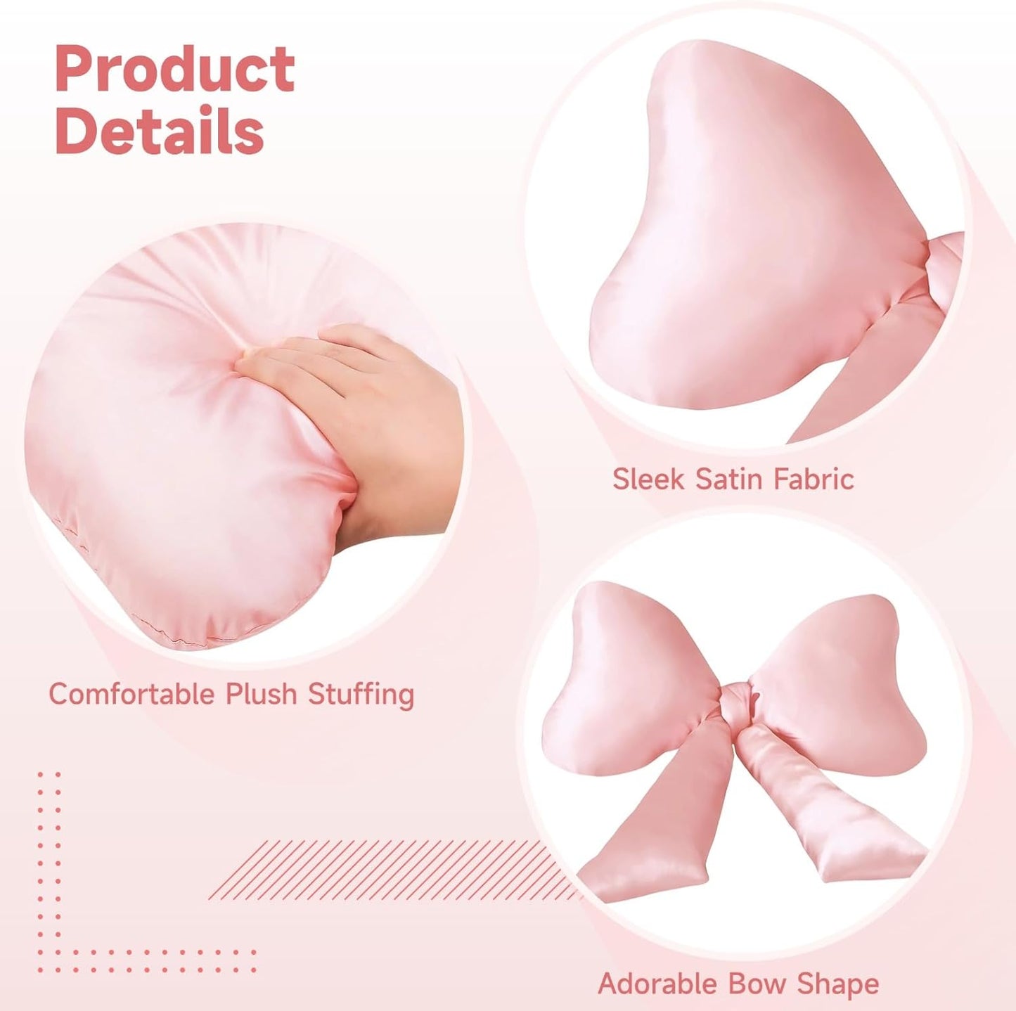 Homaisson Big Pink Bow Throw Pillow, Satin Breathable Neck Support Cushion, Smooth Encased Soft Filling, Decorative Bow Shaped Pillow for Enhanced Room Ambiance, 23.6×13.8"