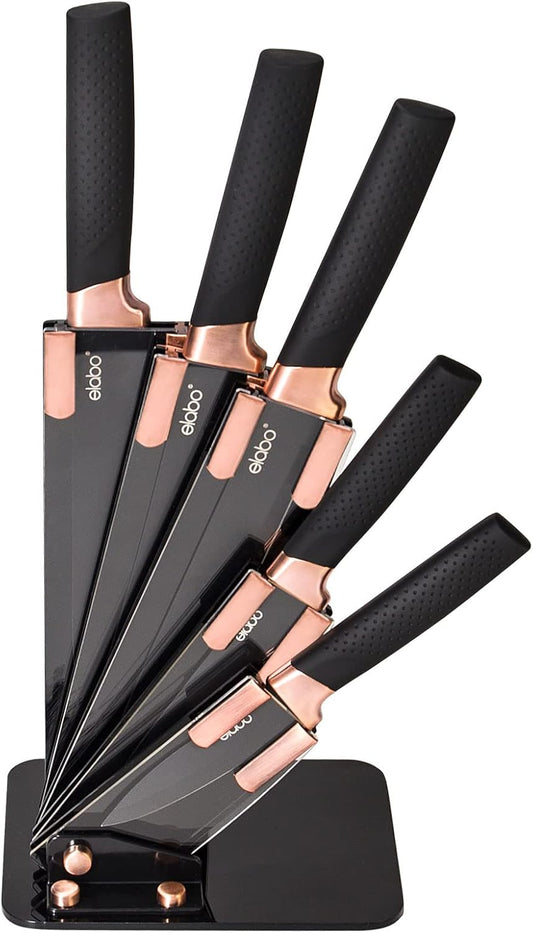 elabo 6 Piece Kitchen Knife Set – Premium Stainless Steel Knife Set with Block, Knives Set for Kitchen, Sharp Knife Block Set with Non-Stick Coating, Dishwasher Safe, Space-saving, Rose Gold