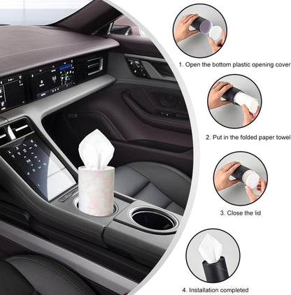 DXNQ 4 PCS Car Tissues Holder, Car Cup Holder Refillable Travel Tissues Tube with Facial Tissues, Portable Cylinder Round Tissue Boxes Container Decor for Car Office Home (Marble Pink)