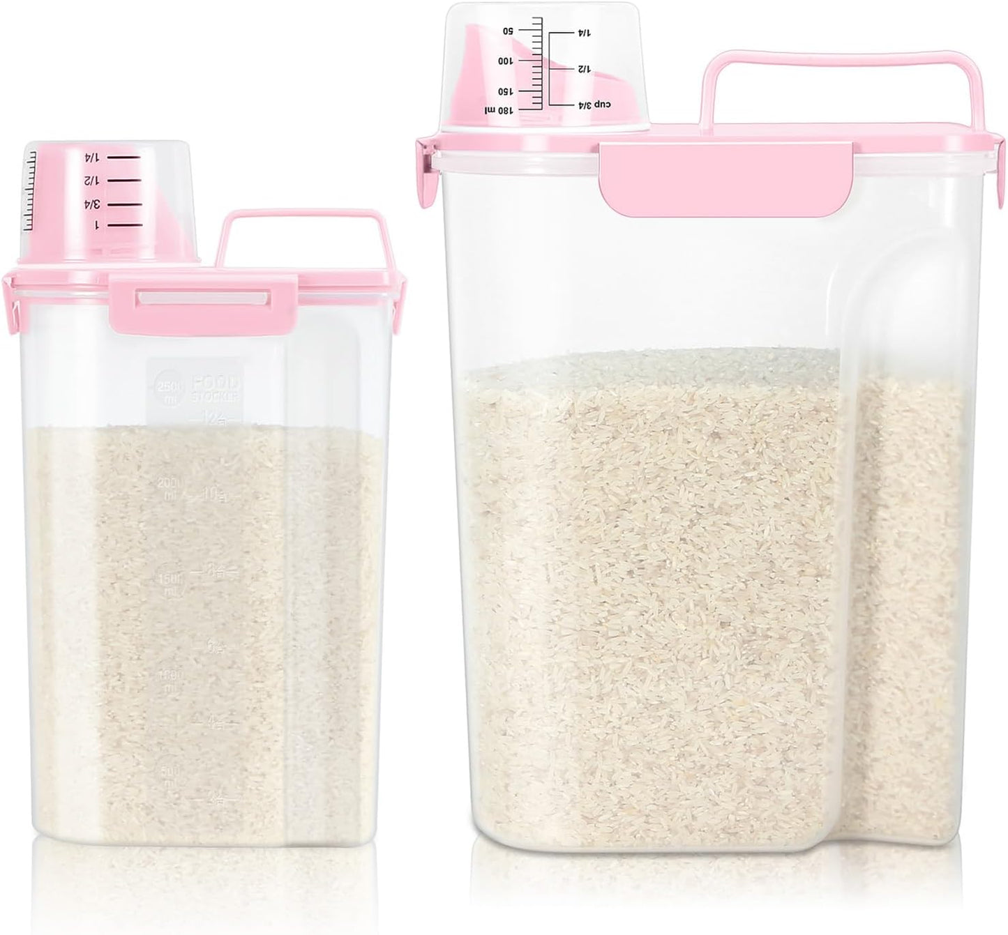 TBMax 2 Pack Airtight Rice Container 5 Lbs +10 Lbs, Cereal Container Oatmeal Storage with Easy-pouring Spout & Handy Cup for Flour Grain Beans, Pet Dog Cat Bird Food Storage Dispenser -Pink