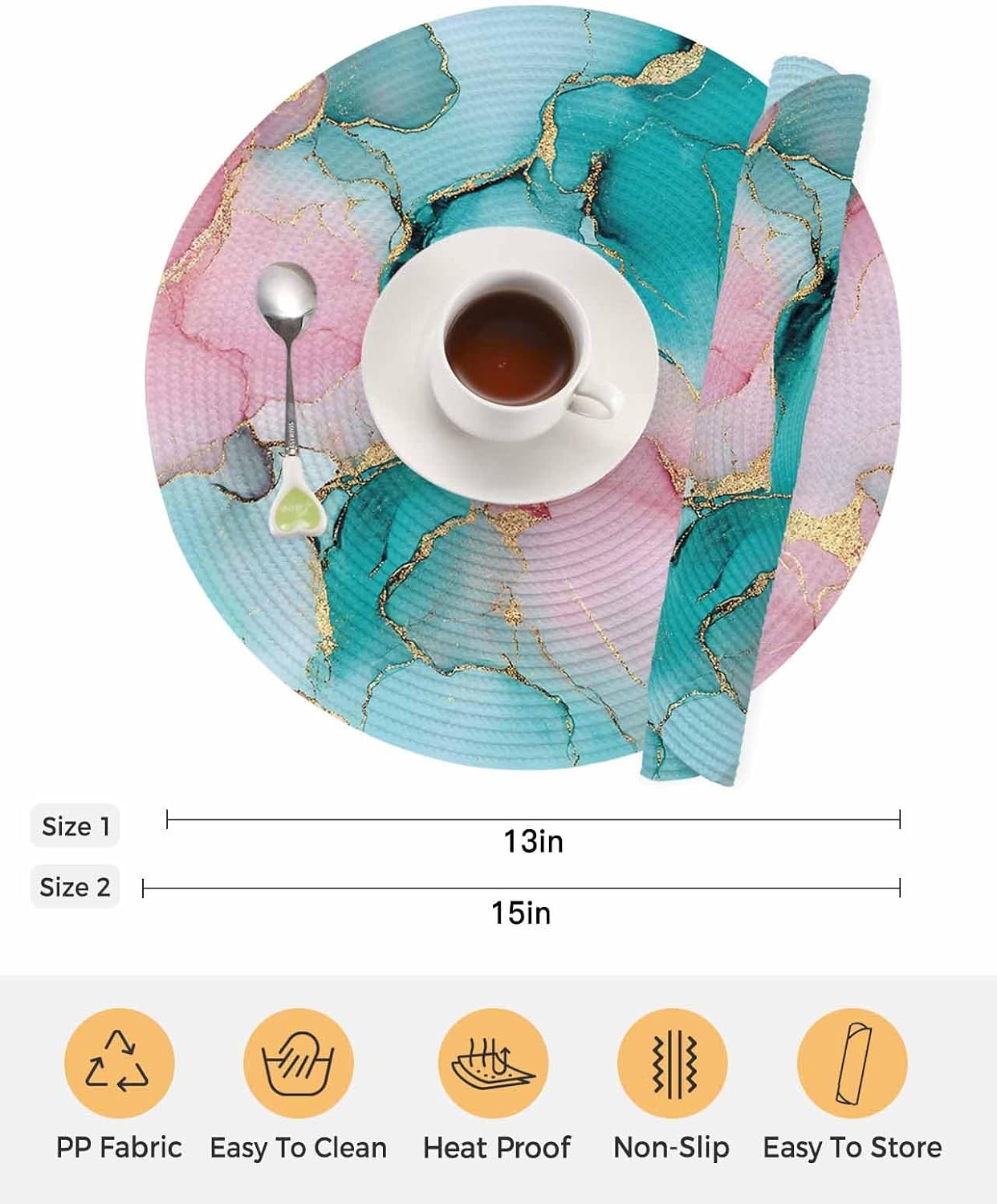 Teal Pink Marble Round Placemats Set of 4 Abstract Ink Painting Luxury Modern Place Mats Indoor Woven Table Mats Washable Heat-Resistance Braided Dining Table Placemats for Kitchen Holiday 15 Inch