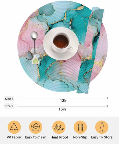 Teal Pink Marble Round Placemats Set of 4 Abstract Ink Painting Luxury Modern Place Mats Indoor Woven Table Mats Washable Heat-Resistance Braided Dining Table Placemats for Kitchen Holiday 15 Inch