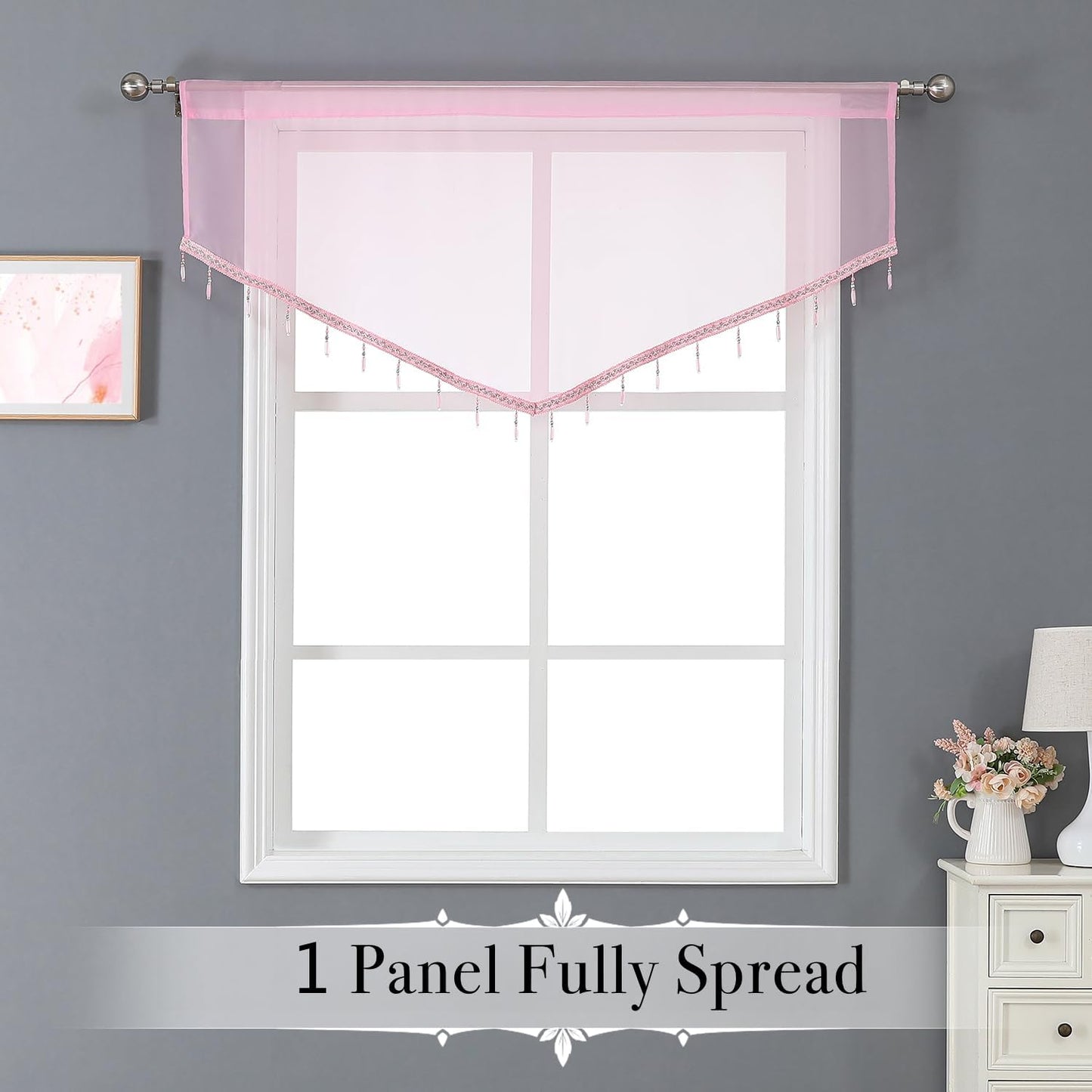 WUBODTI Pink Sheer Valance Curtains 3 Pcs for Bathroom Windows, Rod Pocket Beaded Trim Tassel Semi Sheer Voile Window Valance Room Decor Kitchen Curtains for Grils Bedroom Cafe, Each W51 x L24 Inch