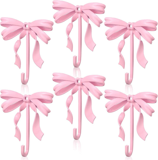 Yaocom 6 Pcs Pink Bow Wall Hooks Metal Decorative Bow Knot Door Hanger Coquette Wall Mount Hook for Coat Hat Towel Bathroom Kitchen Living Room Home Decor