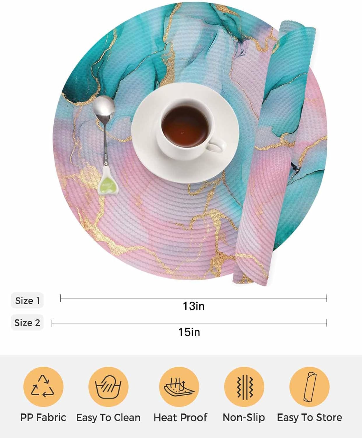 Teal Pink Marble Round Placemats Set of 2 Abstract Ink Painting Modern Luxury Place Mats Indoor Woven Table Mats Washable Heat-Resistance Braided Dining Table Placemats for Kitchen Holiday 15 Inch