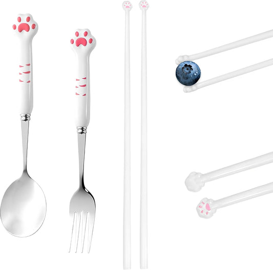 Cat Paw Chopsticks,1 Set of 3 Tableware Kits,Cat Chopsticks,Spoon,Fork,Cute Pink Paw Prints Reusable Lightweight Non-Slip Grip Eating Chopstick,Pet Themed Cat Fun Idea Gifts for Girlfriends Cat Lovers