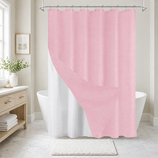 Inhousolu Boho Farmhouse Shower Curtain with Fabric Liner Set, Luxury Faux Linen Textured, Metal Hooks, Weighted Hem, Washable Wrinkle Free Bath Curtain for Hotel Bathroom 72" W x 78" L Pink