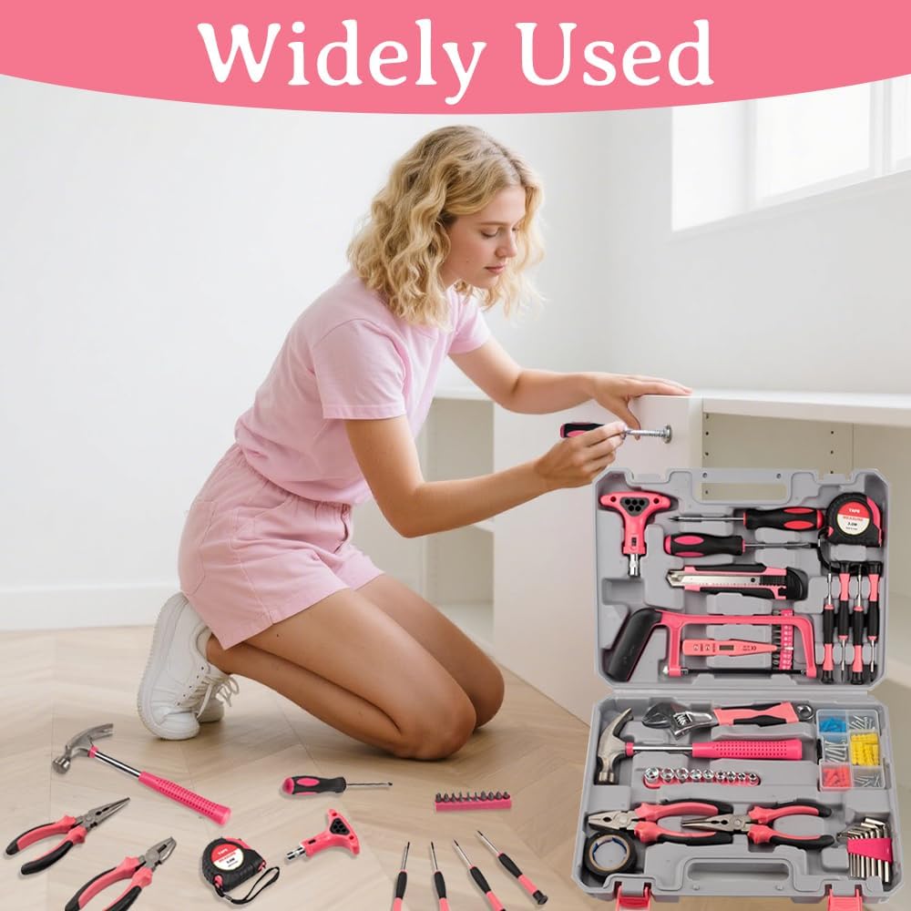 103Piece Pink Tool Set,Household DIY Tool Box for Women With Storage Case,Home, Office and College Dorm Toolkit of Starter Basic Ladies Tools