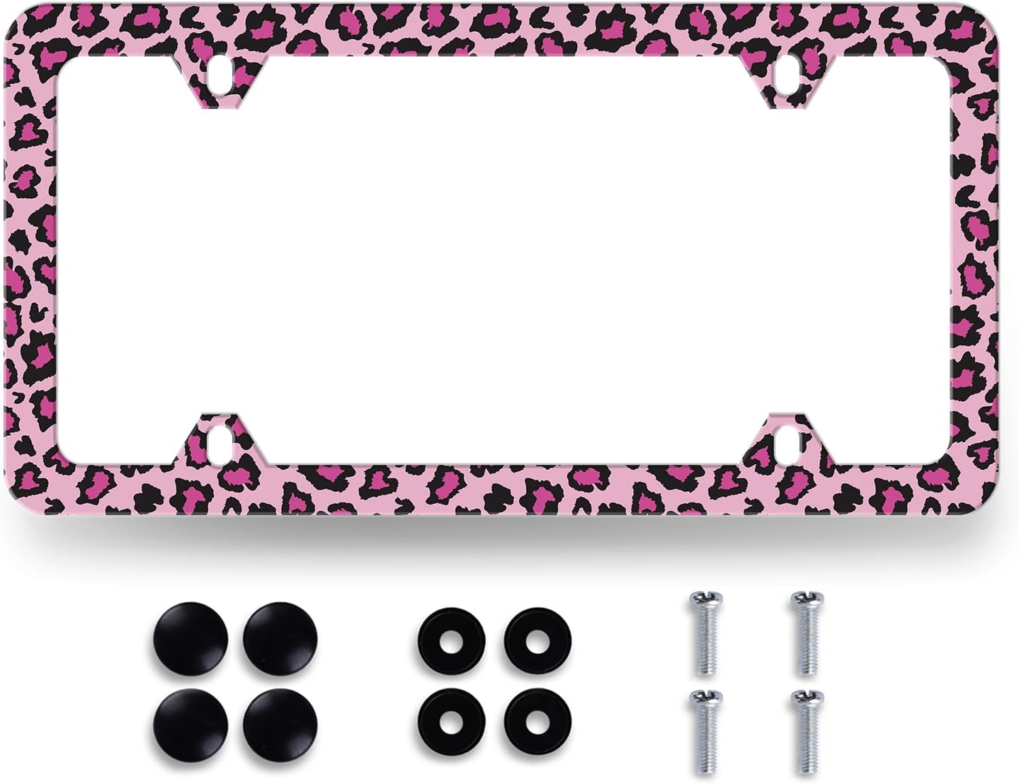 Sexy Leopard License Plate Frame Pink Leopard Animal Print License Plate Holder Colorful Stainless Steel Parts Funny License Plate Decoration with Screws 12.3" x 6.3"