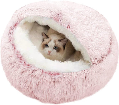 SUOXU Anti-Anxiety Cat Bed, Plush Hooded Cave, 20 in Diameter, Suitable for Small to Medium Pets, Pink