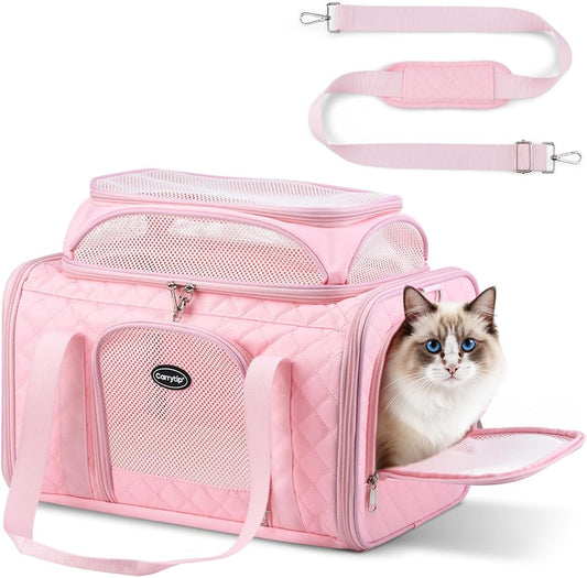 Cat Carrier Airline Approved 17x11x9.5 Inches, Top Expandable Soft Sided Pet Travel Carrier for Cats & Small Dogs, Fits Under Airline Seat with Locking Zippers, Pink