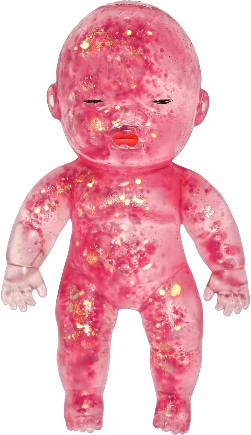 Glitter Doll Squishies Stress Ball, Squishy Babies Sensory Fidget for Stress Relief, Soft Cute Squeeze, Portable Desk Decor & Relaxing Gift for Adults (Pink)