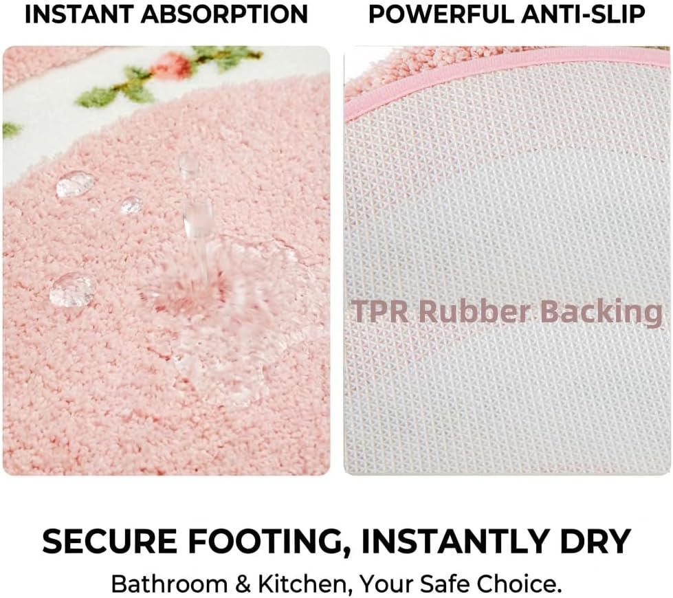 Romantic Rose Flower Pink Bath Mat - Super Soft Non-Slip Absorbent Rose Rug for Bathroom Bedroom Living Room and Entryway (15.7 x 23.6 Inches, Oval)