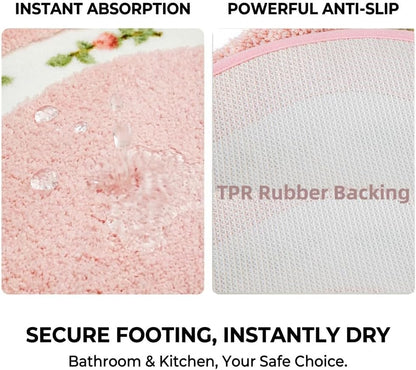 Romantic Rose Flower Pink Bath Mat - Super Soft Non-Slip Absorbent Rose Rug for Bathroom Bedroom Living Room and Entryway (15.7 x 23.6 Inches, Oval)
