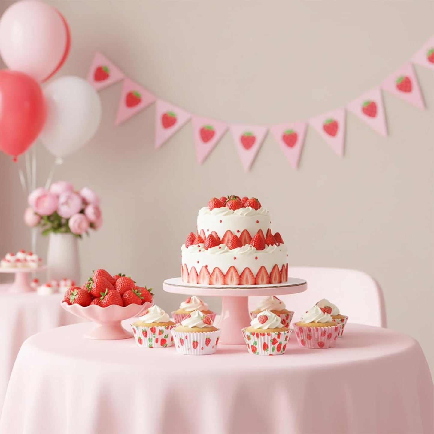 Strawberry Cupcake Liners, 100 Pcs Cute Cupcake Liners Pink Strawberry Cup Cake Wrappers Paper Baking Cup for Wedding Bridal Baby Shower Spring Summer Berry Themed Birthday Party Cake Decor