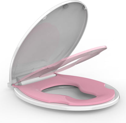 Round Toilet Seats with Toddler Seat Built In, Potty Training Toilet Seat Round Fits Both Adult and Child，with Slow Close and Magnets,Safe PP Material Easy Clean,White and Pink