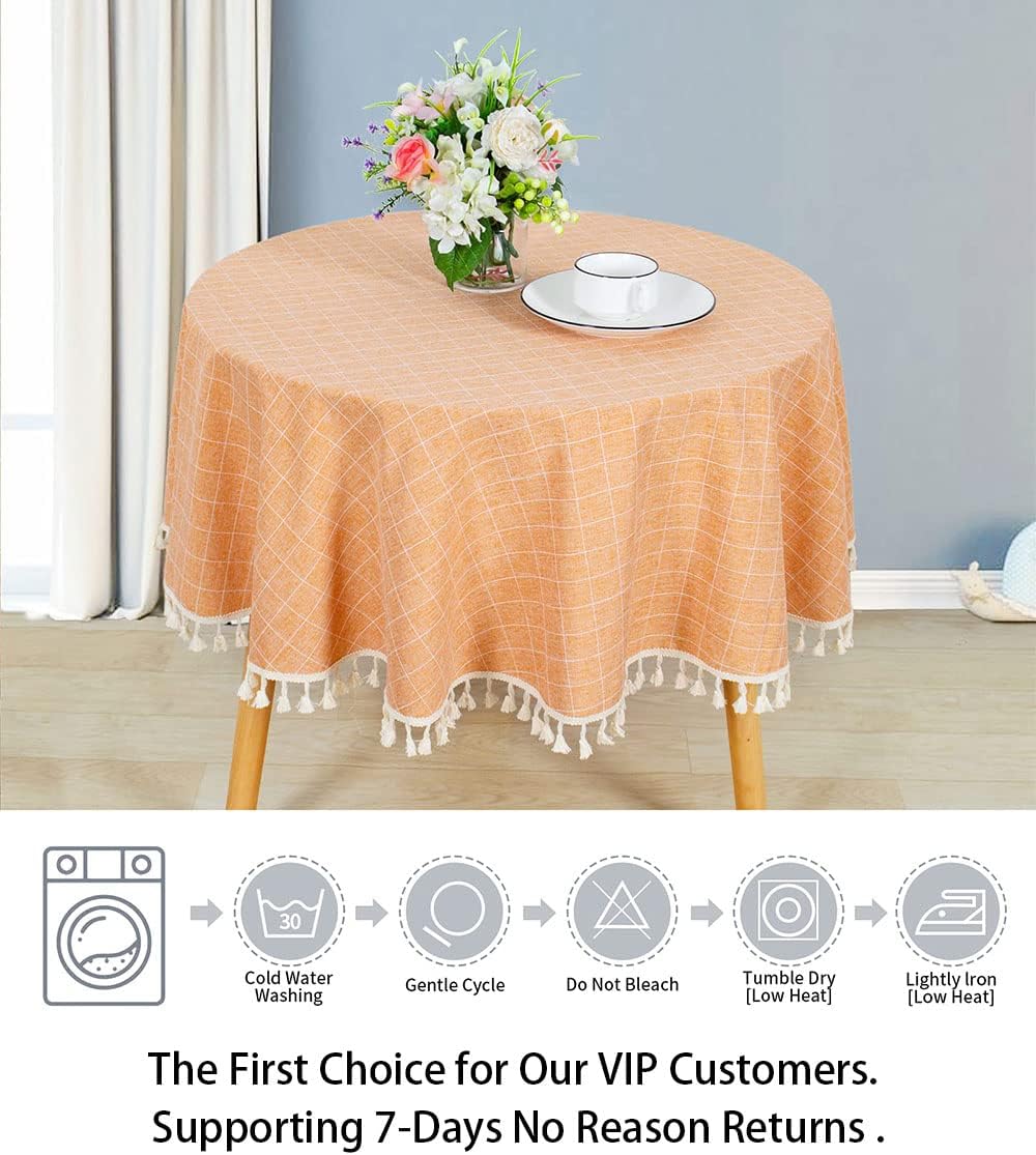 ShinyBeauty Round Tablecloth Cotton Linen Tablecloth Wrinkle Free Dust-Proof Table Cloth Washable Rustic Lattice Table Cloth 55" Coral Stitching Tassel Cotton Tablecloth for Home Kitchen Party Holiday
