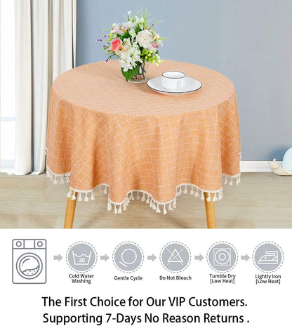 ShinyBeauty Round Tablecloth Cotton Linen Tablecloth Wrinkle Free Dust-Proof Table Cloth Washable Rustic Lattice Table Cloth 55" Coral Stitching Tassel Cotton Tablecloth for Home Kitchen Party Holiday