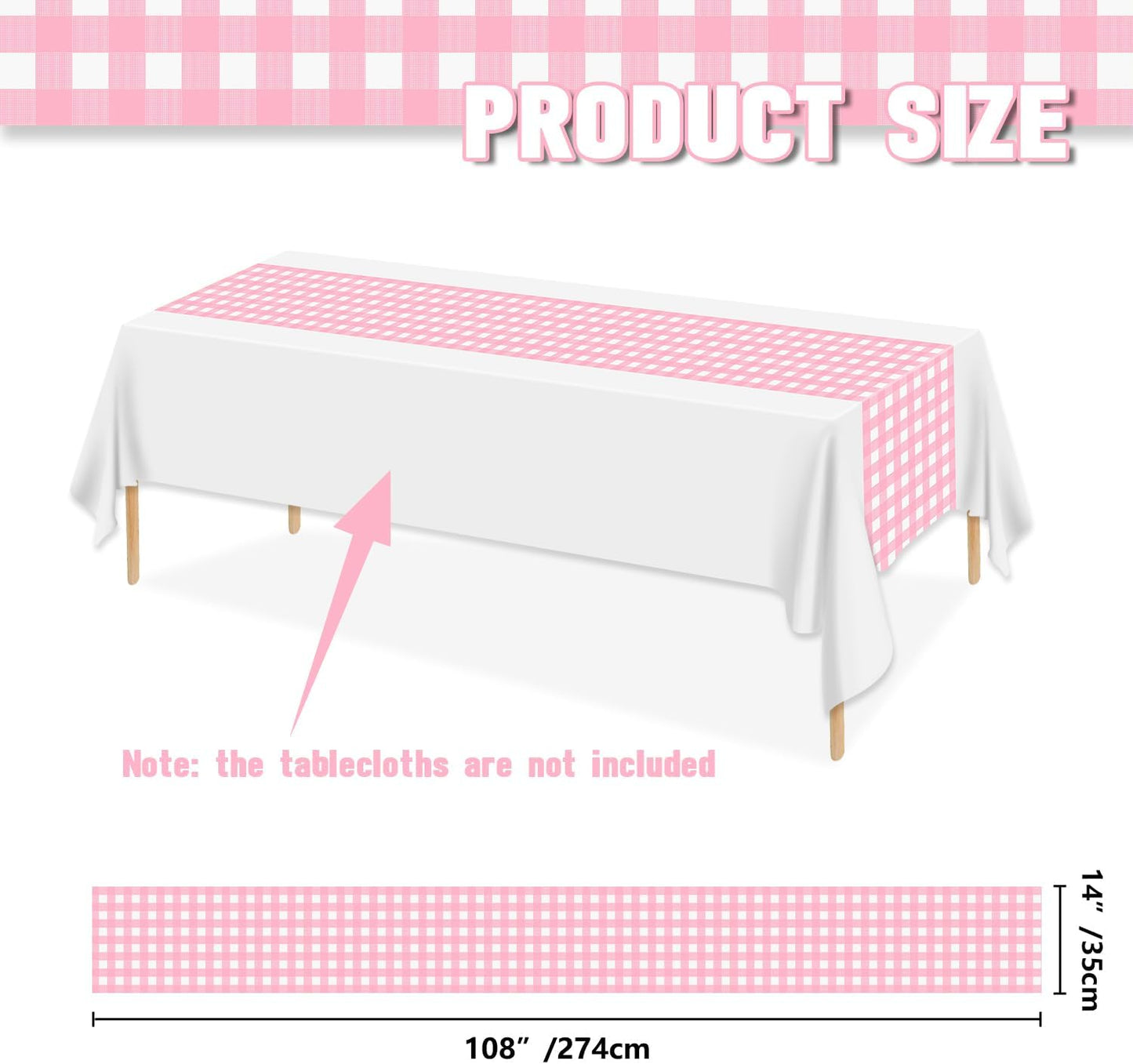 6 Pack Pink Gingham Table Runner, Pink and White Checkered Tablecloths 14 x 108 Inches Rectangular Waterproof Picnic Table Runner for Birthday Party Holiday Outdoor Supplies