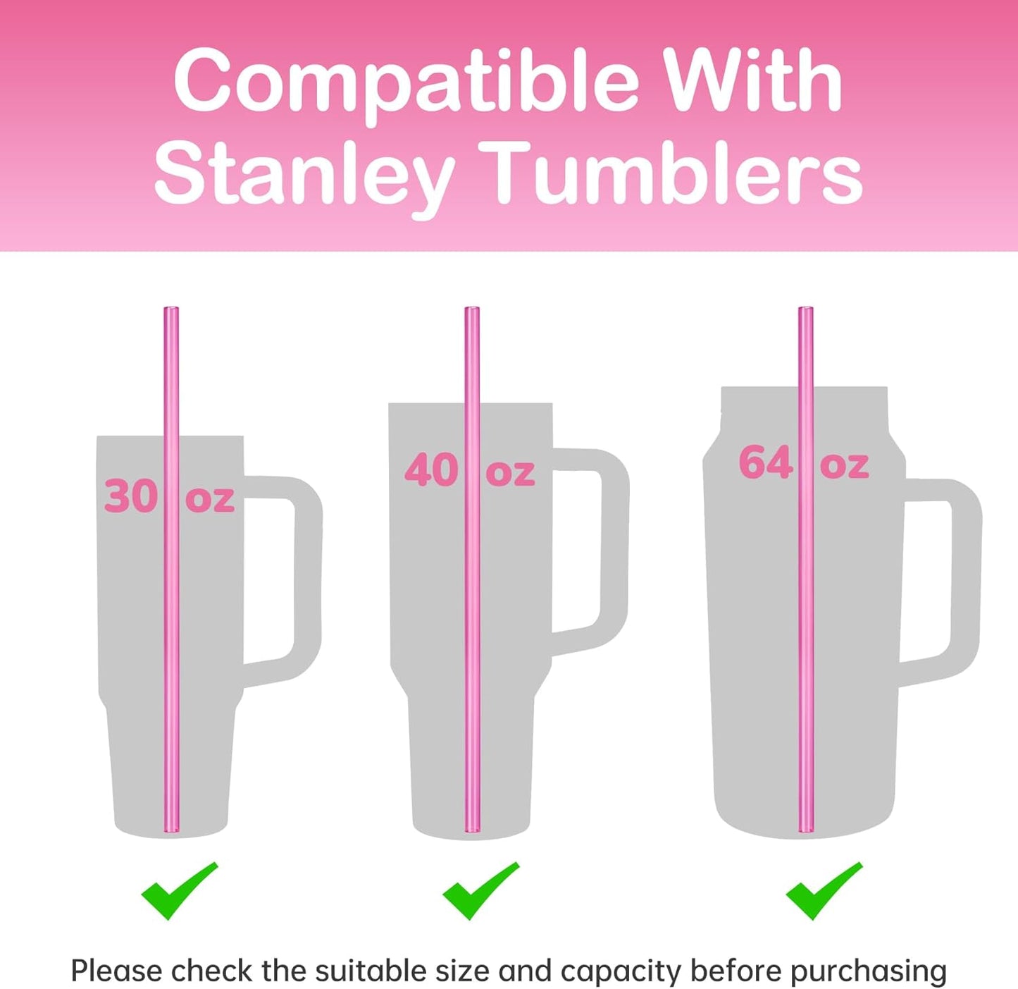NiHome 12-Pack Plastic Reusable Drinking Straws Fit for Stanley 40 oz 30oz 64 oz Tumbler, 6 Color 12 In Reusable Straws Fit for Stanley Cups, 2 Brushes, BPA-Free for Cold & Hot Drinks (Gradient Pink)