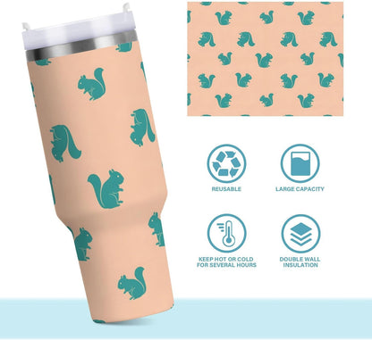 40 oz tumbler with handle and straw Blue Squirrel Pattern on Peach Stainless Steel Tumbler Leakproof Water Bottle Vacuum Insulated Cups With Lid Travel Mug For Car Cup Holder,