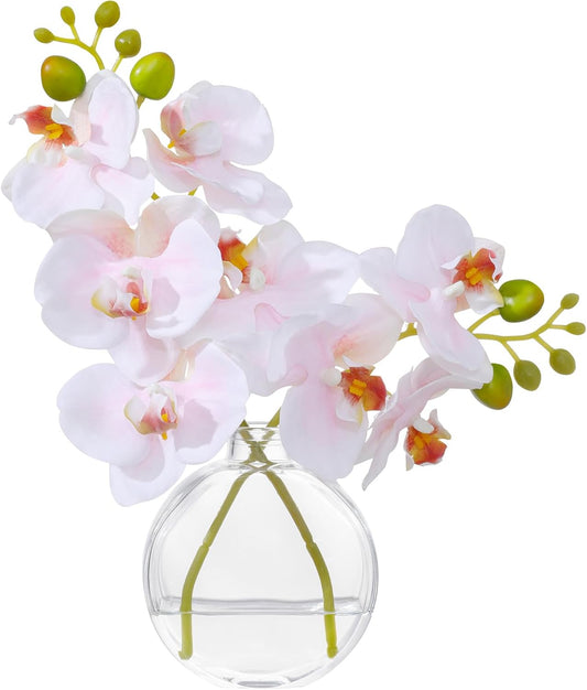 ucky Artificial Pink Orchid in Glass Vase with Faux Water, 11" Small Silk Phalaenopsis Arrangement with Realistic Red Tipped Buds & Flexible Stems, Lifelike Fake Flowers for Table Centerpiece Decor