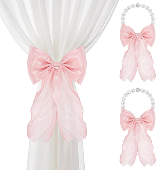 AULEEP 2 Pack Bow Magnetic Curtain Tiebacks, Pearl Beaded Fabric Curtain Holdbacks, No Drill Window Drape Ties, Elegant Bow Ribbon Decor for Bedroom Living Room Home Nursery, Pink