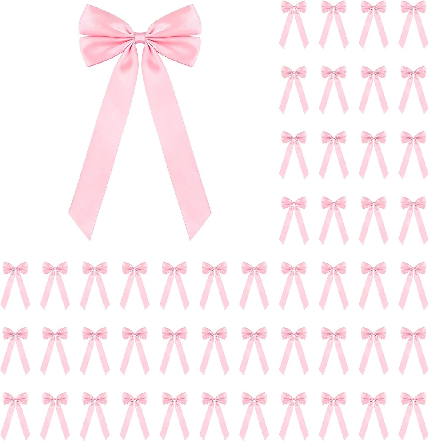 50Pcs Pink Satin Bows for Gift Wrapping and Christmas Tree | 4 x 8 in Xmas Ribbon Ornaments, Premade Twist Ties, Self Adhesive Tapes, for Wreath Garland Indoor Outdoor Home Holiday Decor