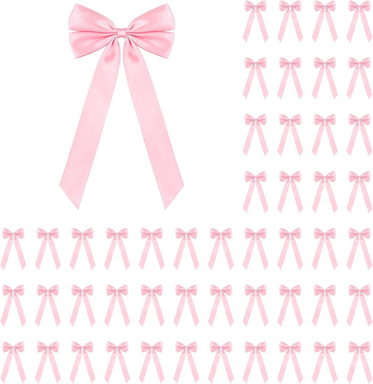 50Pcs Pink Satin Bows for Gift Wrapping and Christmas Tree | 4 x 8 in Xmas Ribbon Ornaments, Premade Twist Ties, Self Adhesive Tapes, for Wreath Garland Indoor Outdoor Home Holiday Decor