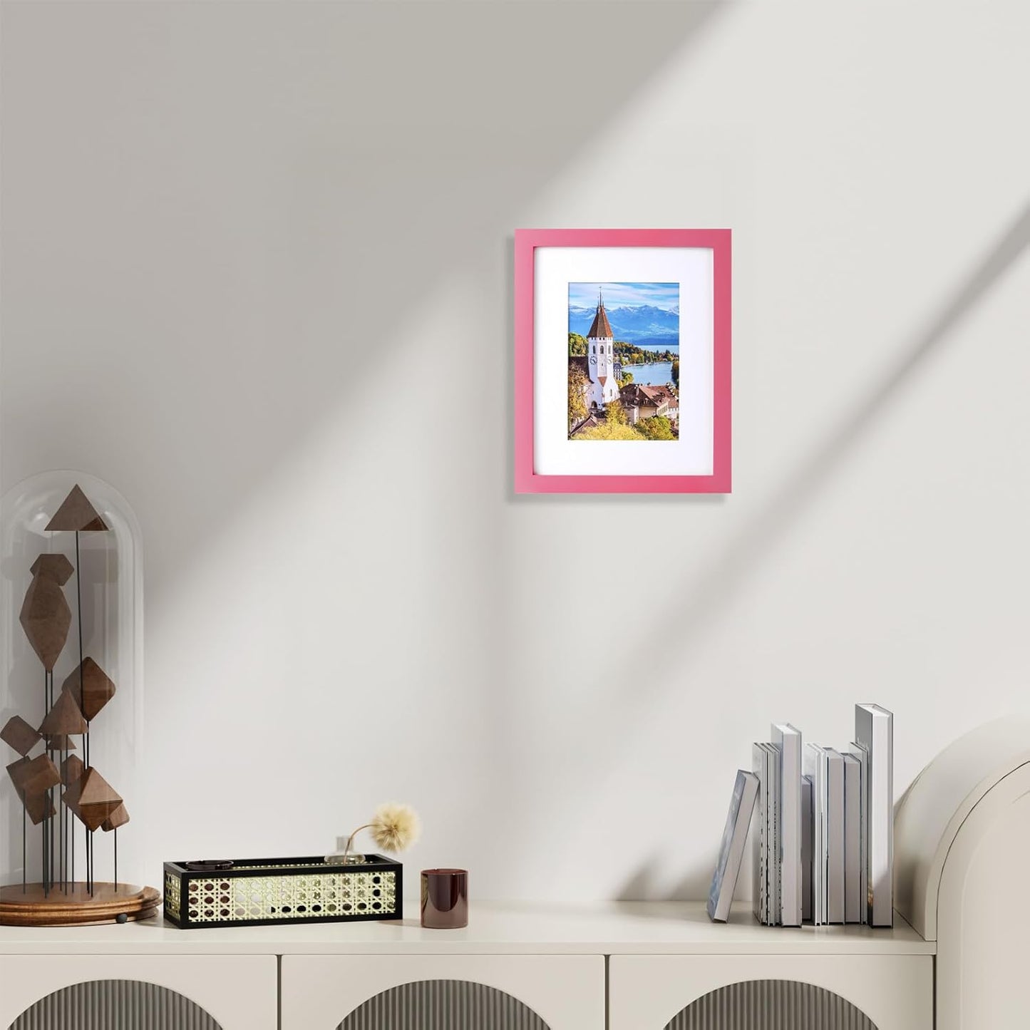 8x10 Picture Frame Made of Solid Wood Photo Frame with Shatter Resistant Plexiglass, Display Pictures 5x7 with Mat or 8 x 10 Without Mat For Tabletop Display or Wall Mount, Pink 1 Pack