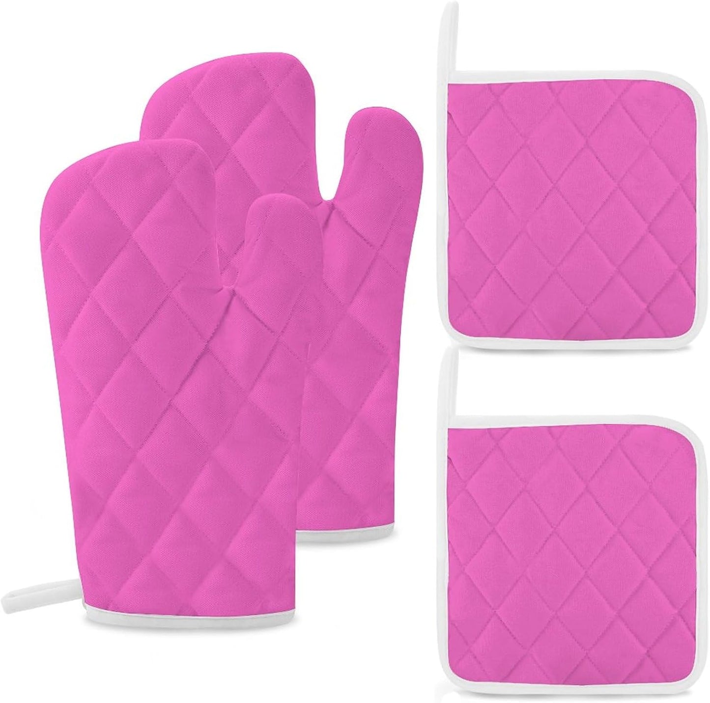 4Pcs Oven Mitts and Potholders, Bright Pink Solid Color Oven Mitts Gloves Set Heat Resistant Hot Pads for Kitchen Cooking Grill