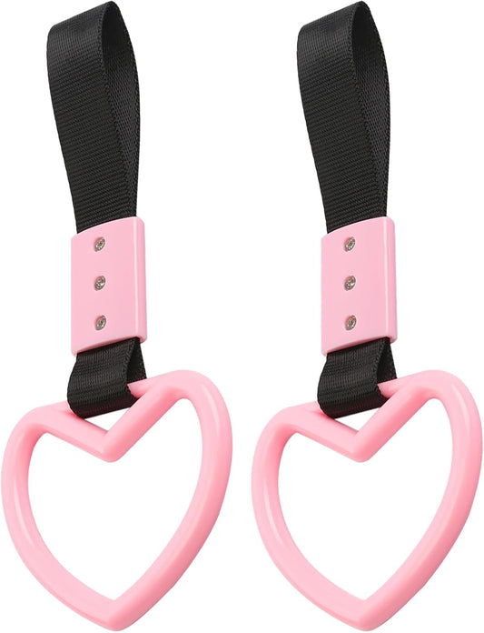 2PCS Heart Shaped Car Handle Straps, Rear Bumper Warning Keychain Ring with Drift Charm for Car Exterior Interior Accessories (Pink)