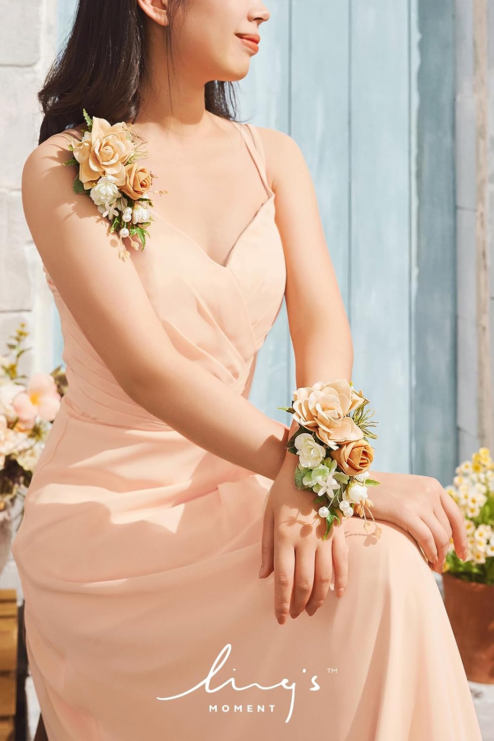 Ling's moment 2pcs Prom Wrist/Shoulder Corsage Artificial Flower, Girl/Mother Homecoming/Wedding Corsage Wristlet Décor, etc. Yellow Orange Peach