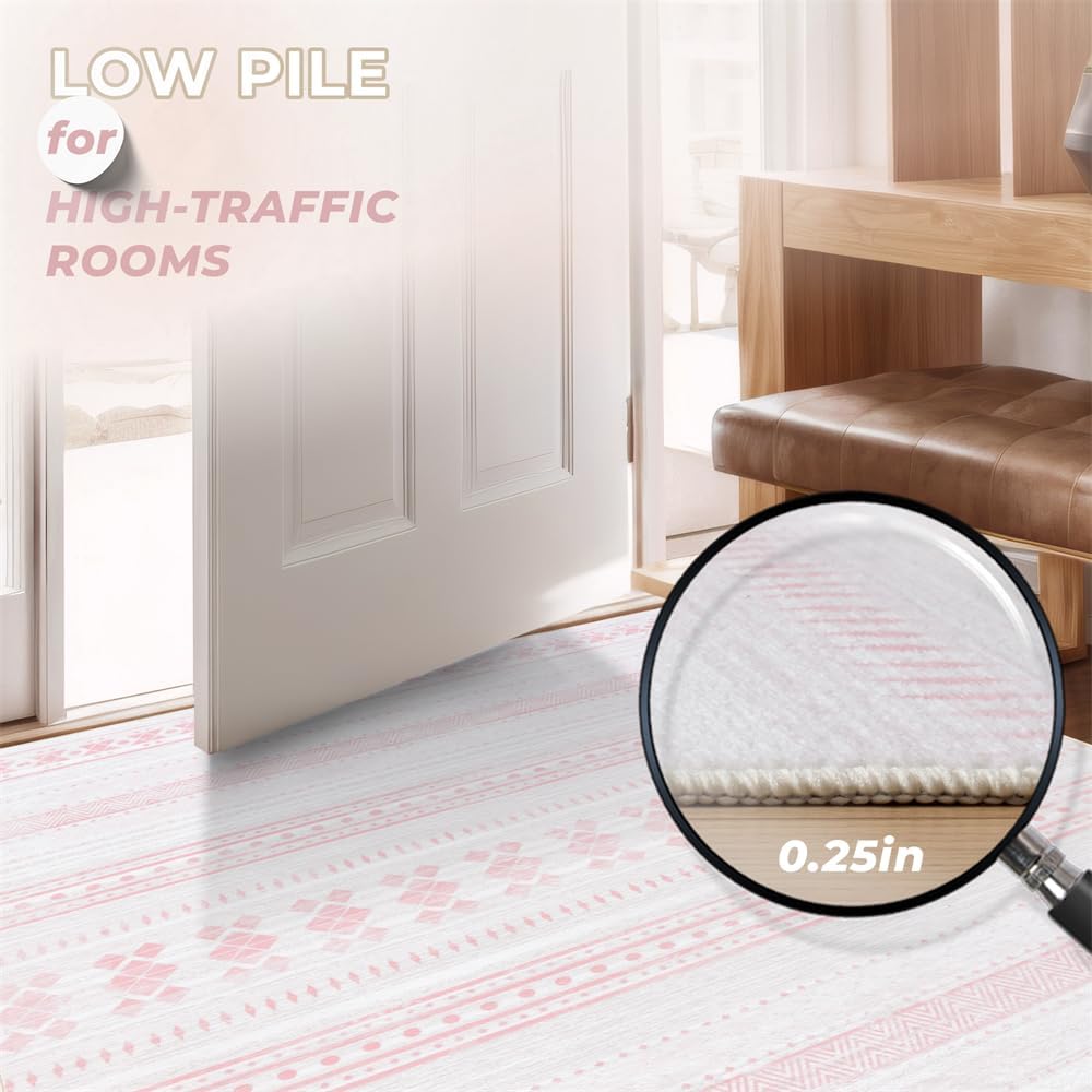 6x9 Washable Area Rug, Boho Moroccan Farmhouse Neutral Low Pile Carpet, Soft Non-Slip Rugs for Living Room Bedroom Dining Room Nursery Dorm Home Decor, Pink & White