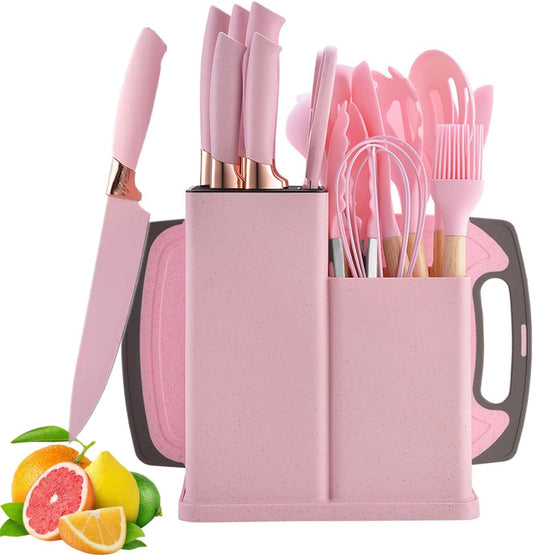 19 Piece Kitchenware Utensils and Knife Set- Includes: 9 Piece Silicone Cooking Utensils- 6 Piece Sharp Stainless Steel Chef Knives- Scissors -Whisk Tongs and Cutting Board