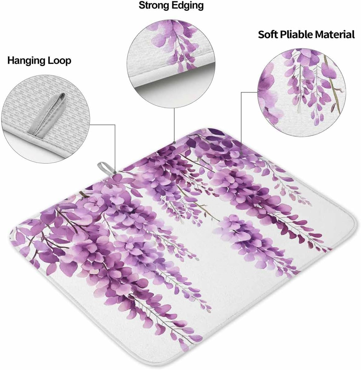 Dish Drying Mat Wisteria Floral Drying Mat for Kitchen Counter Light Pink Leaf Dish Pads Absorbent Microfiber Machine Washable 16 x 18 Inches