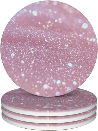 Pink Glitter Pattern Coasters Set of 4 Absorbent Ceramic Coasters for Drinks Modern Cup Coaster with Cork Backing Cute Stone Coaster Housewarming Gifts 4.1 Inches