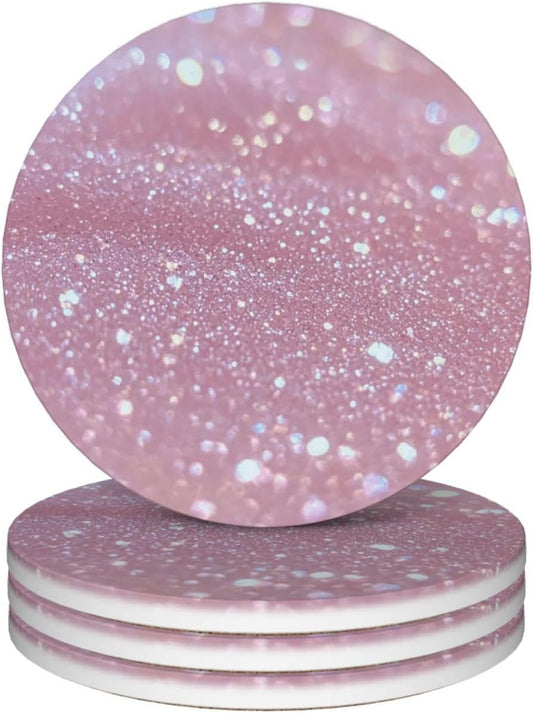Pink Glitter Pattern Coasters Set of 4 Absorbent Ceramic Coasters for Drinks Modern Cup Coaster with Cork Backing Cute Stone Coaster Housewarming Gifts 4.1 Inches