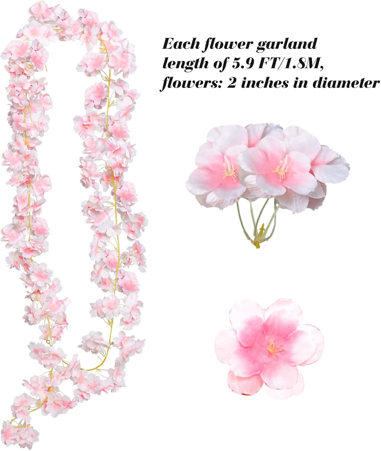 4pcs 23.6 ft Artificial Cherry Blossoms Garland Pink Fake Vines Hanging Silk Cherry Blossom Sakura Vine for Outdoor Wedding Party Home Decor