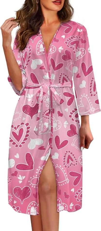 Heart Print Robe V Neck Night Shirts Breathable Bathrobe Nightgown