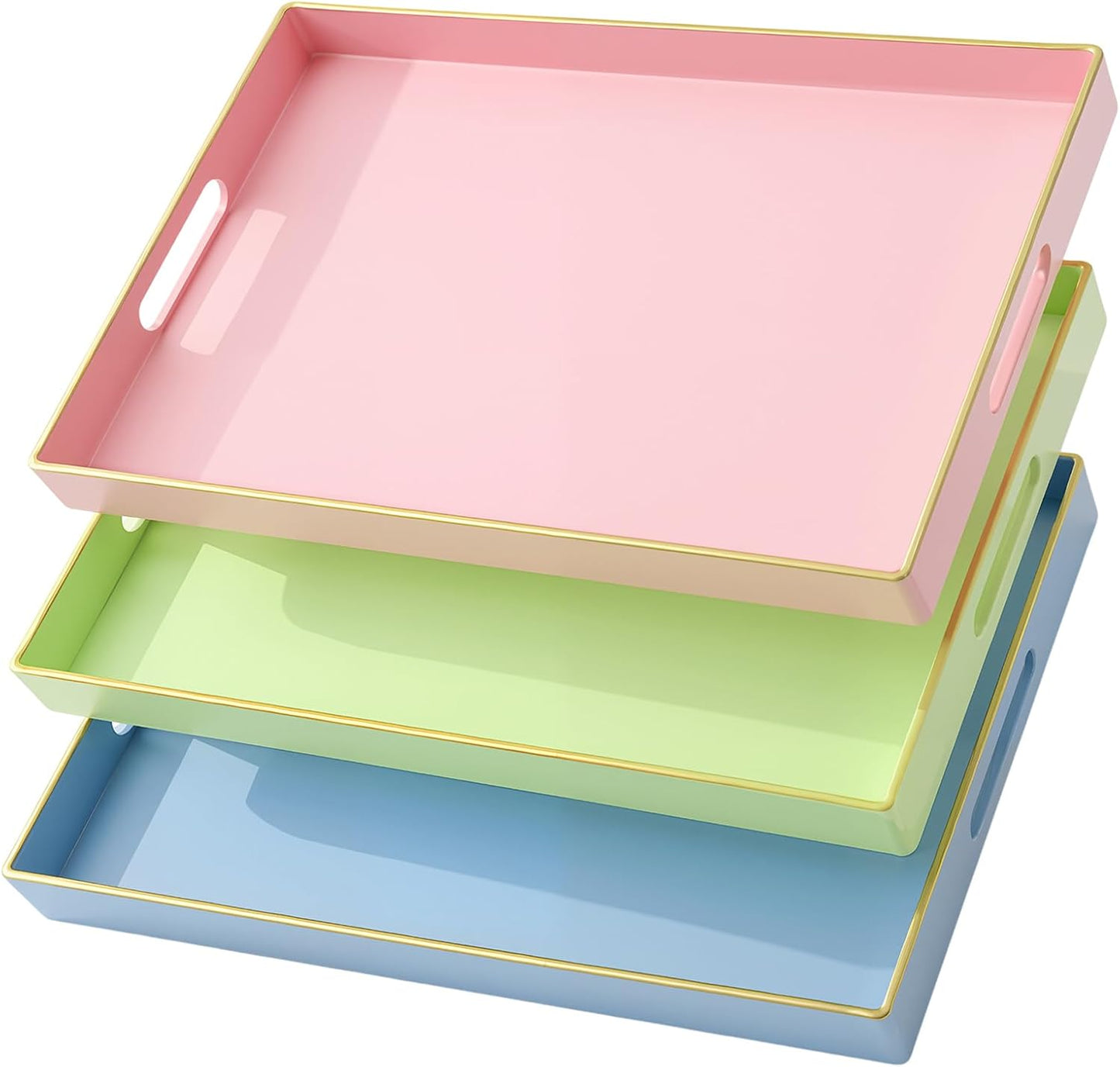Vesici 3 Pcs Decorative Serving Trays with Handles Lacquer Serving Trays 15.75" X10.24" Plastic Platters for Coffee Table, Ottoman, Valentine's Day Home Decoration(Blue, Green, Pink)