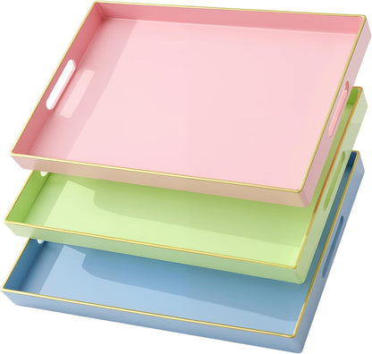 Vesici 3 Pcs Decorative Serving Trays with Handles Lacquer Serving Trays 15.75" X10.24" Plastic Platters for Coffee Table, Ottoman, Valentine's Day Home Decoration(Blue, Green, Pink)