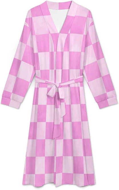 Sleepwear Robe for Women Men - Pink Checker Print Lightweight Kimono Bathrobe with Tie Belt
