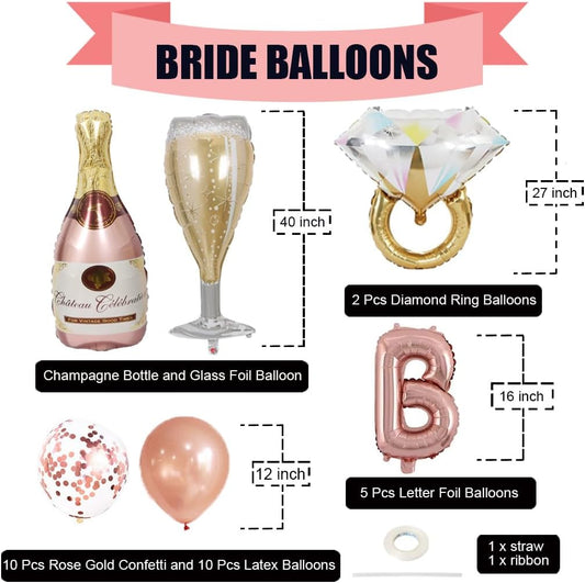 Bride Balloons Bachelorette Party Decorations Kit - Pack of 29 Include BRIDE Banner, Ring, Bottle, Glass Foil Balloon, Latex Balloon for Engagement Wedding Bridal Shower Decorations (Rose Gold)