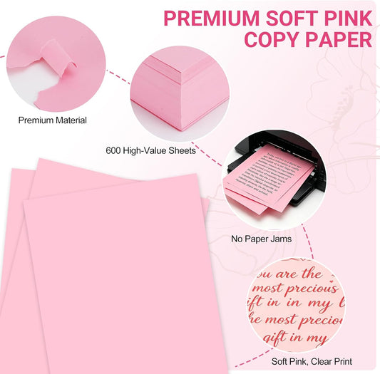 Colored Copy Paper 8.5x11 Inches, 600-Sheets Pastel Pink Printer Paper, Letter Size Paper for Printing, Arts & Crafts, School Projects and Office Use
